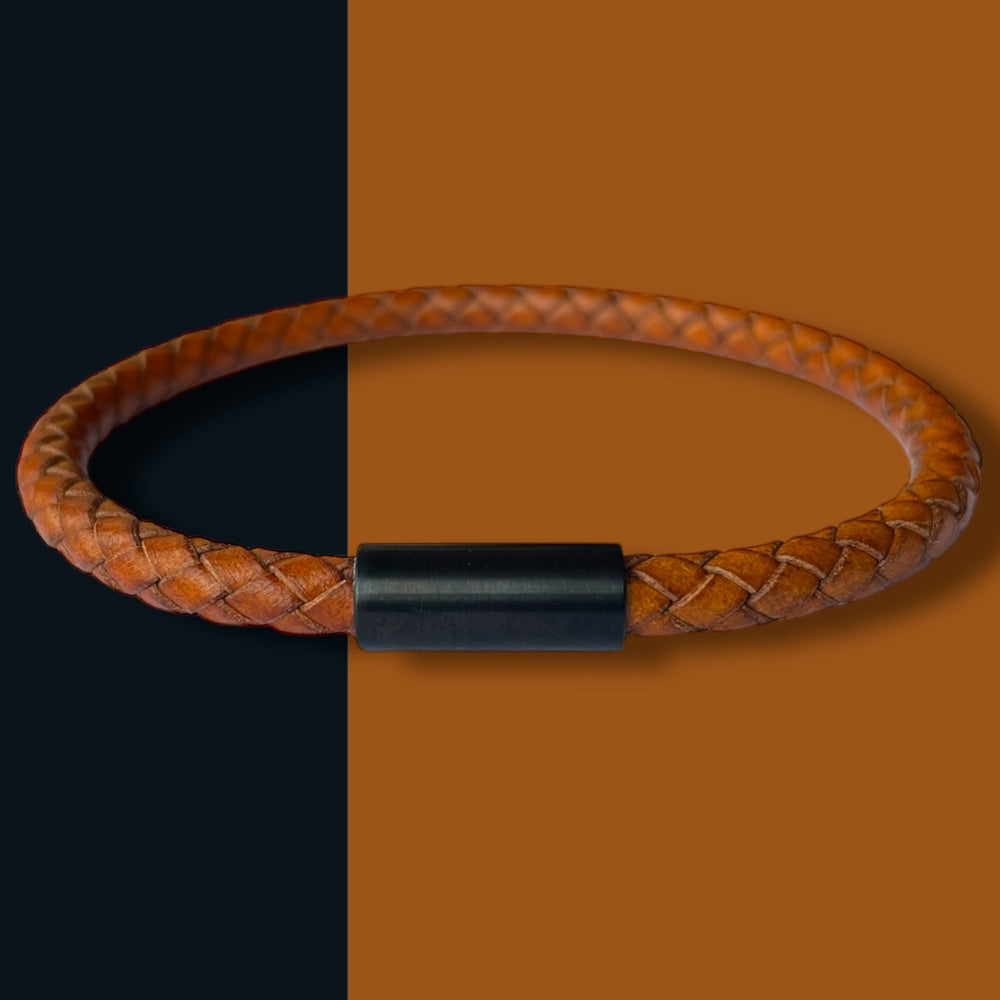TAN LEATHER BRACELET | BLACK STEEL image 1
