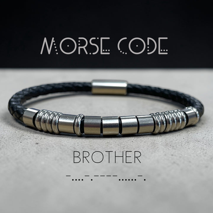 morse code leather bracelet featuring the message 'brother' in dots and dashes.