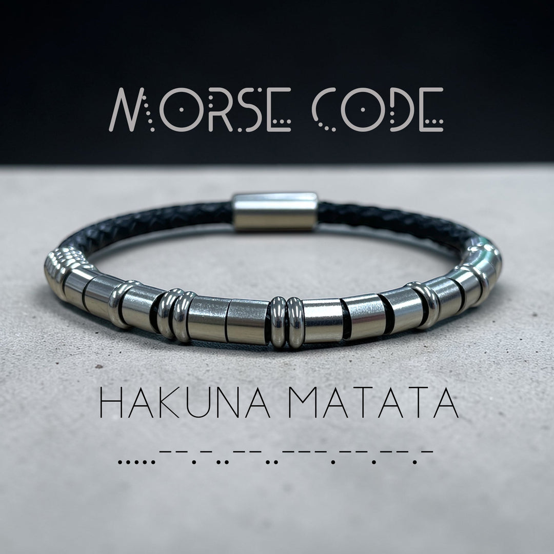 black leather bracelet featuring the morse code message hakuna matata in stainless steel dot and dash beads