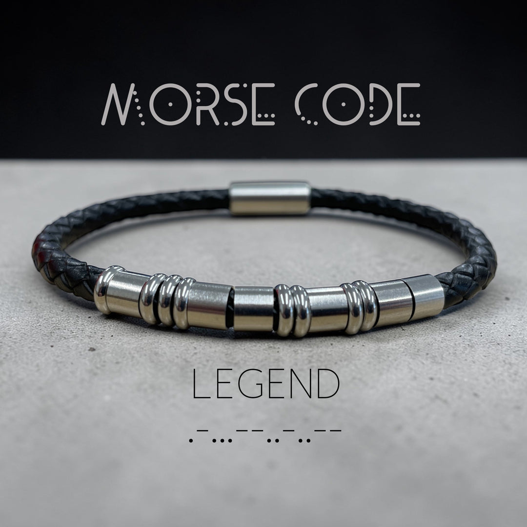 black leather bracelet faturing the message 'legend' in morse code