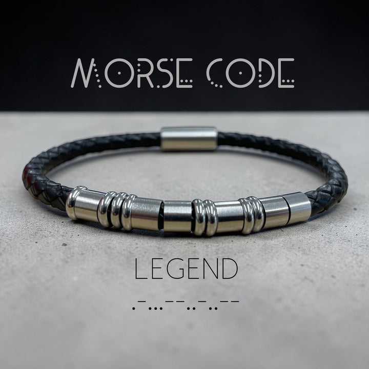black leather bracelet faturing the message 'legend' in morse code
